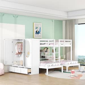 White Full-Over-Twin-Twin Bunk Bed with Shelves, Wardrobe and Mirror