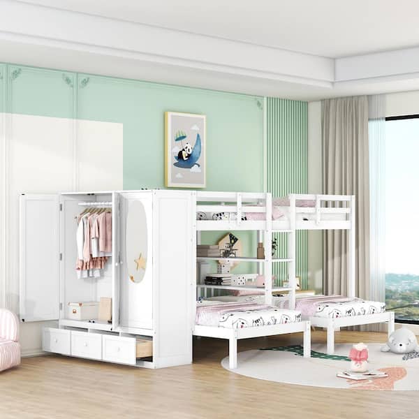 Polibi White Full-Over-Twin-Twin Bunk Bed with Shelves, Wardrobe and Mirror