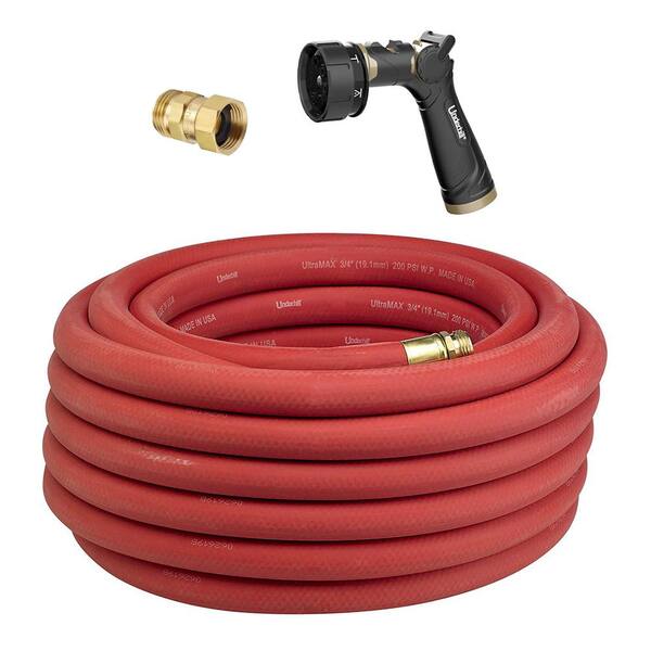 Underhill 0.75 in. dia. x 25 ft. Garden Hose, Red + Twist-Ease Kink Eliminator + 7 Spray Nozzle