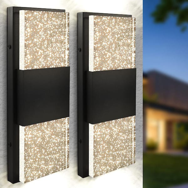 LUXRITE 17 in. Black Outdoor LED Up Down Wall Sconce Light 3CCT 3000K-5000K Bubble Glass 12W ETL IP65 Waterproof 2-Pack