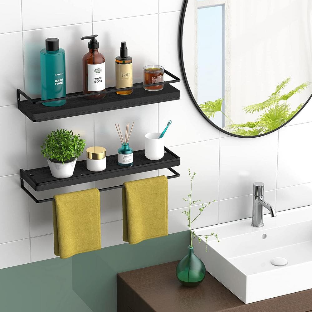 Black Iron and Wood Floating Wall Shelves Set of 2
