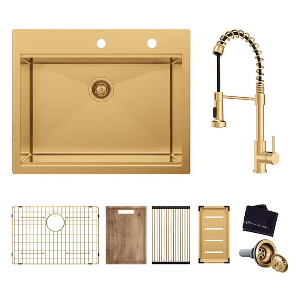 30 in. Drop-In Single Bowl 18-Gauge Gold Stainless Steel Workstation Kitchen Sink with Spring Neck Faucet