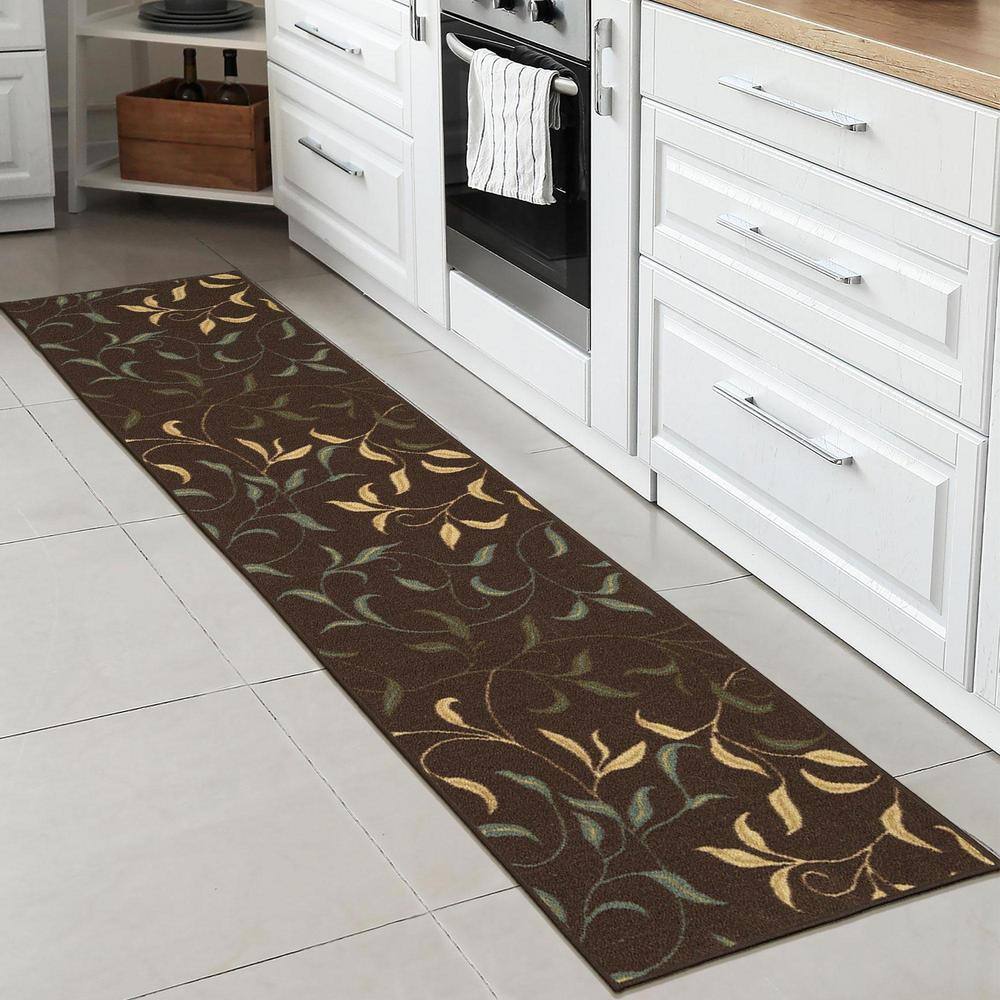 Brown Leaves Design Non-Slip Runner Rug, 2'7" x 9'10"