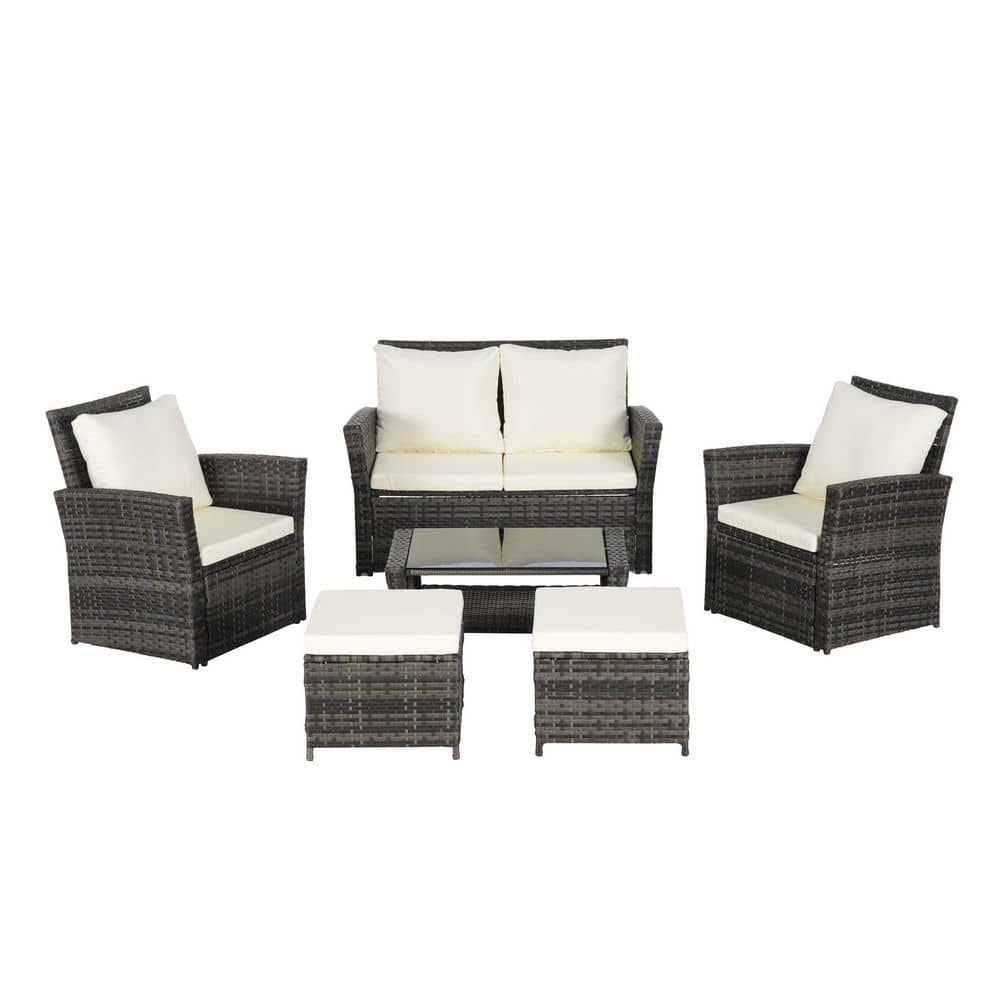 6-Pieces Wicker Patio Conversation Set, Outdoor Furniture with Beige Cushio