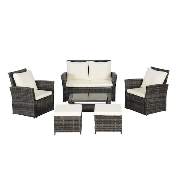 Unbranded 6-Pieces Wicker Patio Conversation Set, Outdoor Furniture with Beige Cushions, Ottoman, Tempered Glass Coffee Table