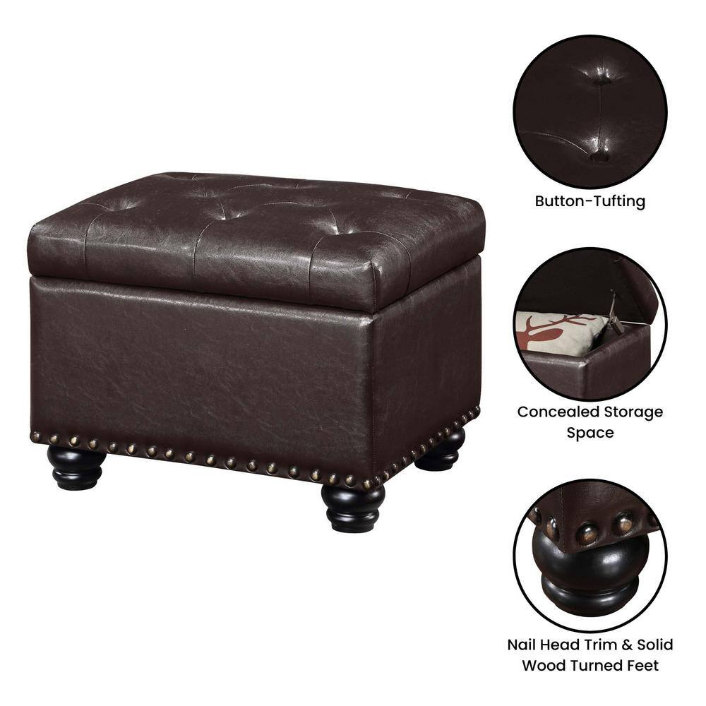Espresso Faux Leather Tufted Storage Ottoman with Nailhead Trim