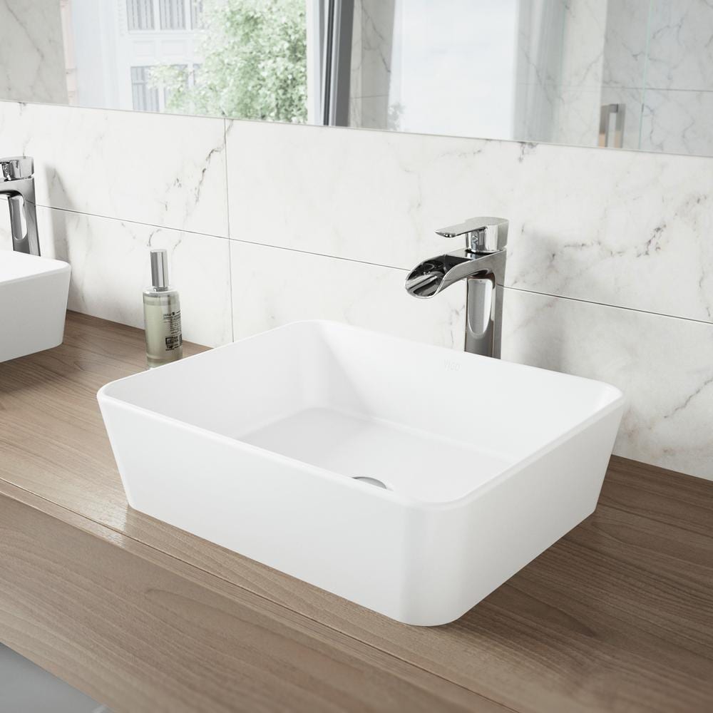 VIGO Marigold Modern White Matte Stone 18 in. L x 14 in. W x 5 in. H Rectangular Vessel Bathroom Sink