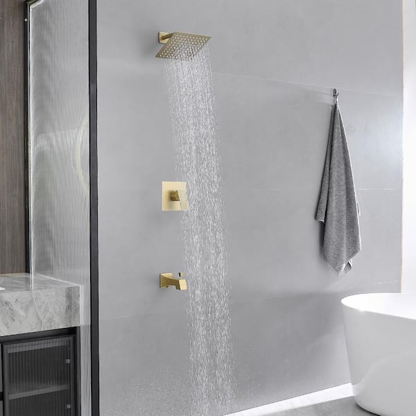 Single-Handle 2-Spray Rainfall Shower Faucet 2.5 GPM with High Pressure Tub Spout in Brushed Gold (Valve Included)