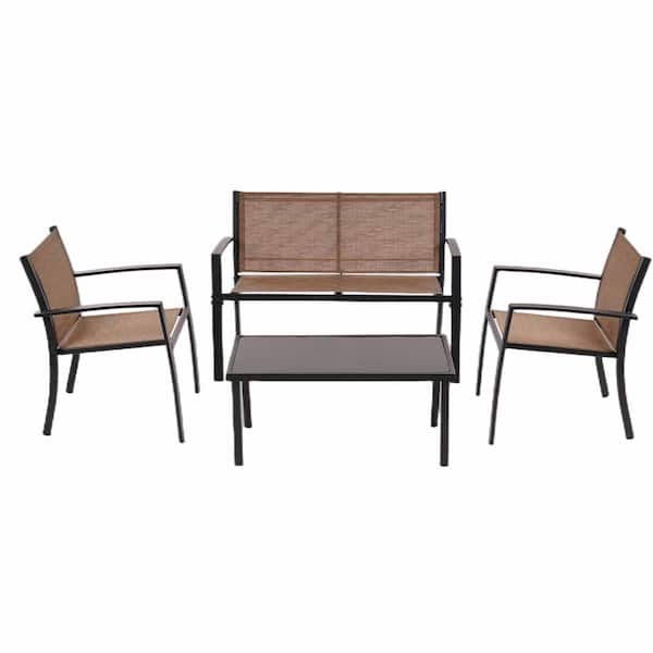 SUNRINX 4-Piece Metal Textilene Fabric Outdoor Patio Conversation Set in Brown