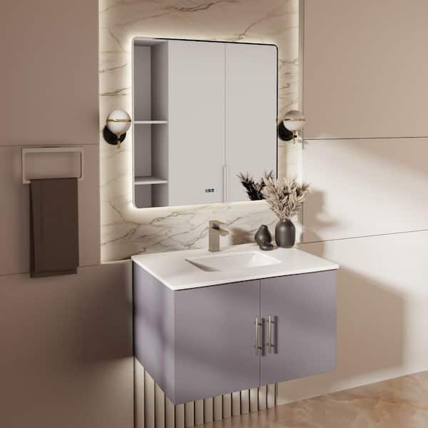 Geneva 30 in. W x 22 in. D Dark Grey Bath Vanity, Cultured Marble Top, Faucet Set, and 30 in. LED Mirror