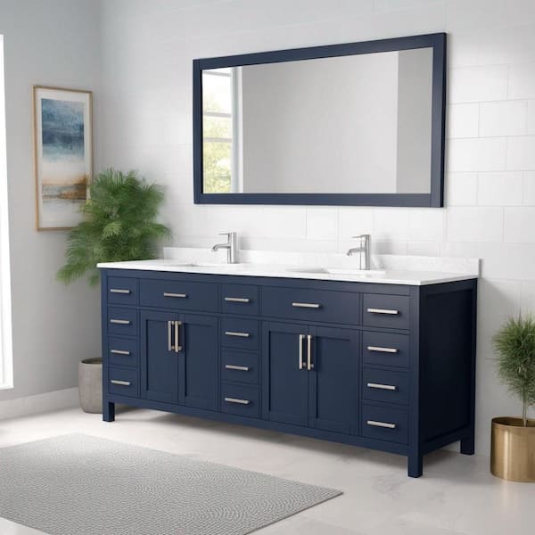 Wyndham Collection Beckett 84 in. W x 22 in. D x 35 in. H Double Sink Bathroom Vanity in Dark Blue with Carrara Cultured Marble Top