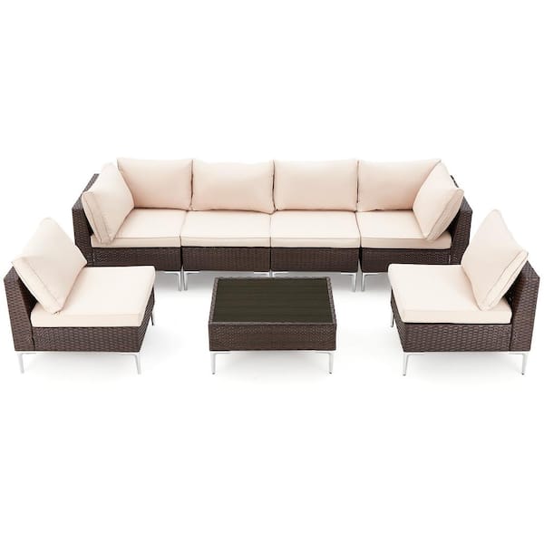 Miscool Bnbn 7-Piece Wicker Patio Conversation Set with Wine Beige Cushions