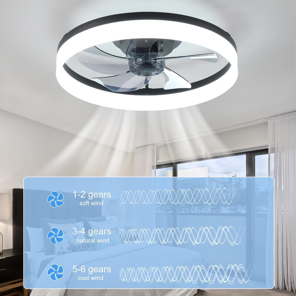 Modern Black Flush Mount Ceiling Fan with LED Light and Remote Control