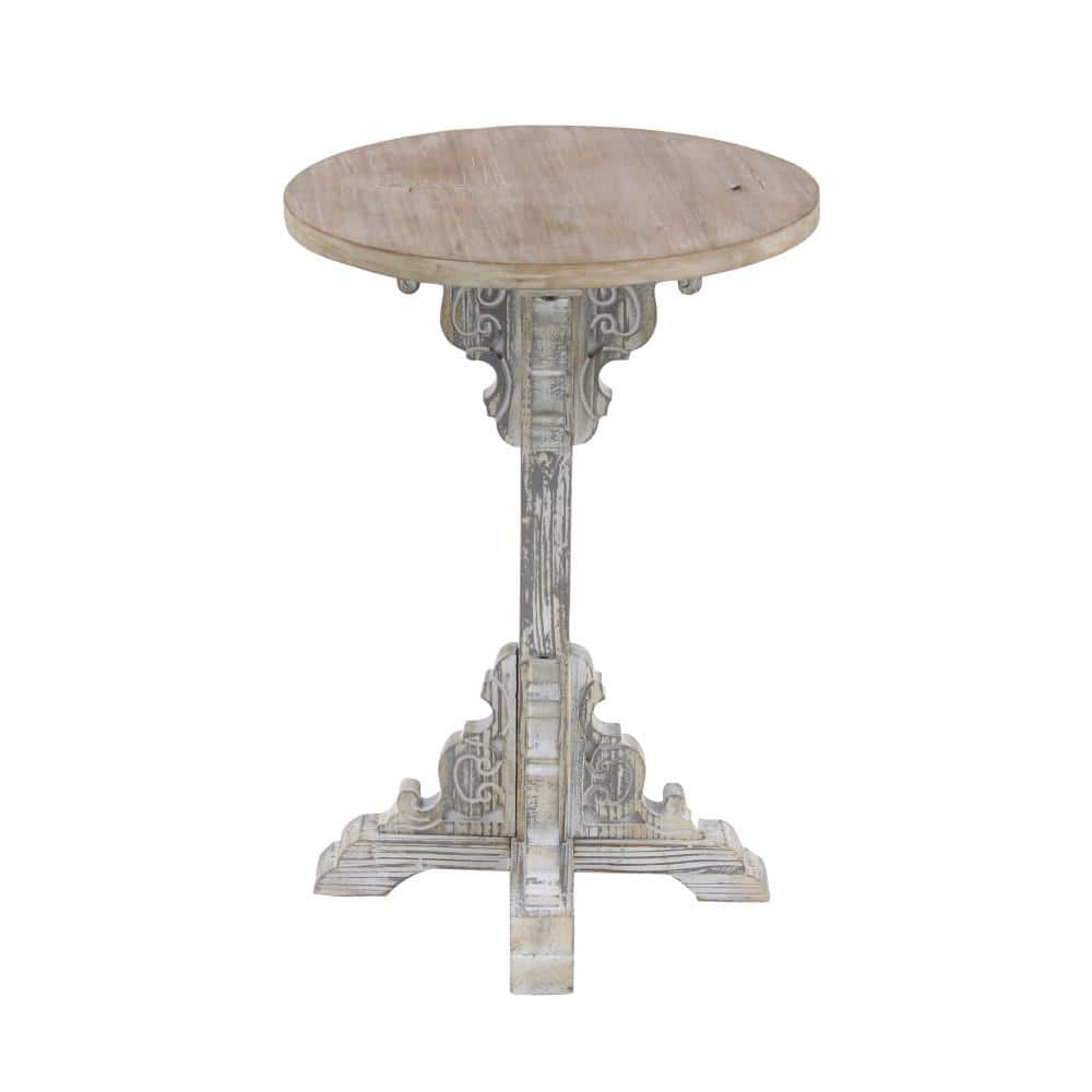 Gray Intricately Carved Scroll Round Wood Accent Table - 15" x 23"