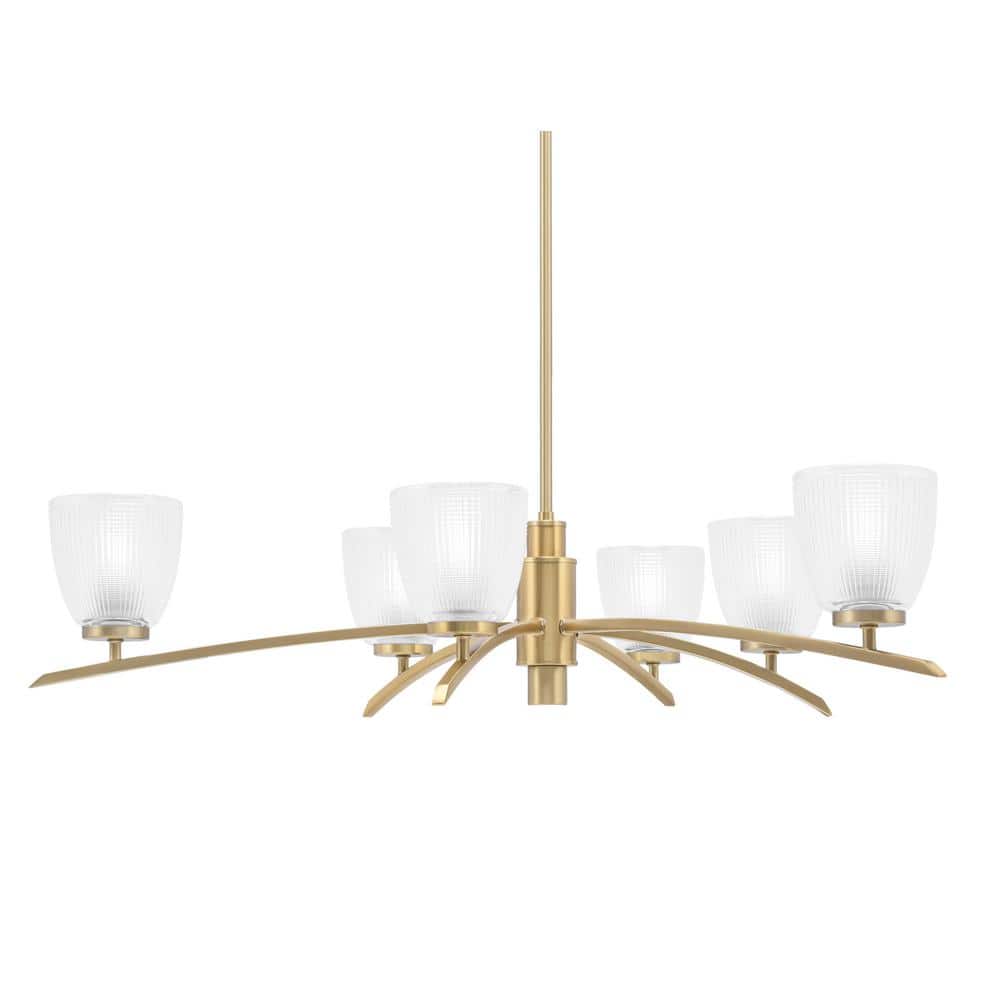 Siena 31 in. 6 Light New Age Brass Chandelier with Clear Ribbed Glass Shade