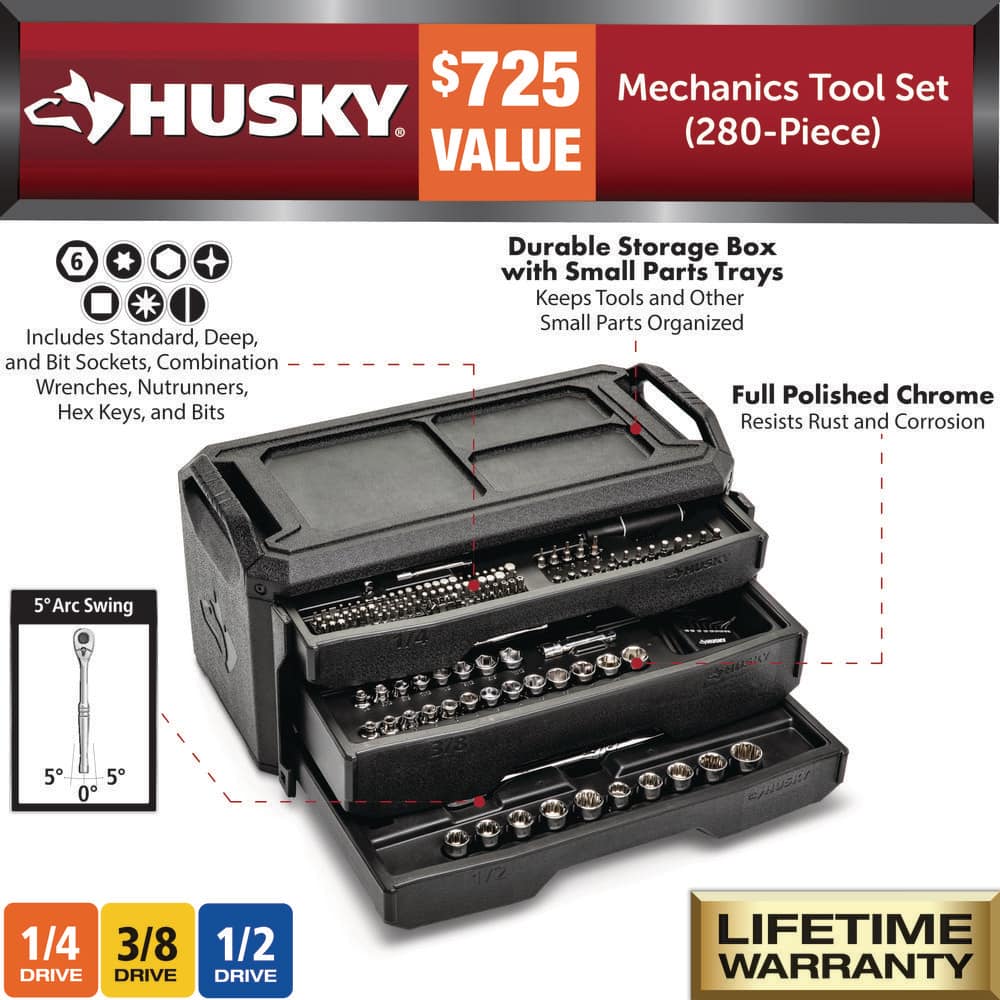 Husky 280-Piece SAE/Metric Mechanics Tool Set with Tool Box H280MTS