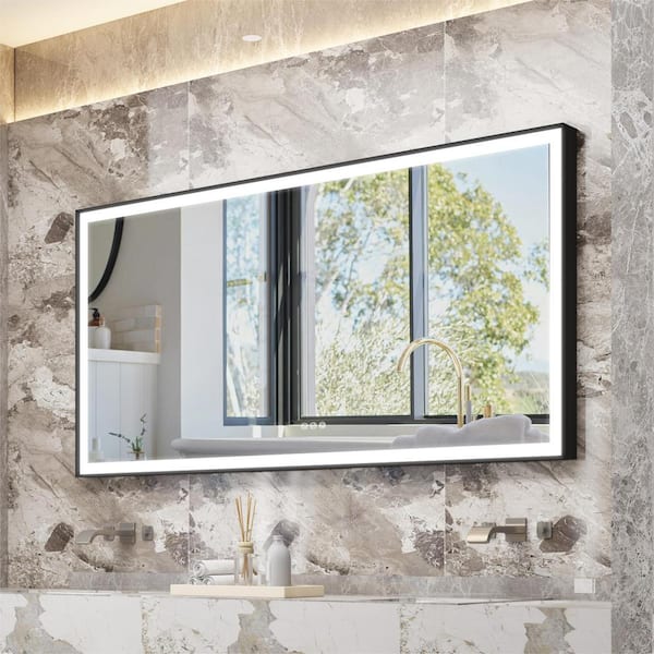 WELLFOR 72 in. W x 36 in. H Large Rectangular Framed LED Anti-Fog Wall Mount Bathroom Vanity Mirror in Matte Black