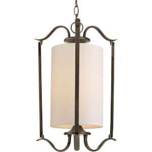 Inspire Collection 1-Light Antique Bronze Transitional Hanging Foyer Pendant with Beige Linen Shade