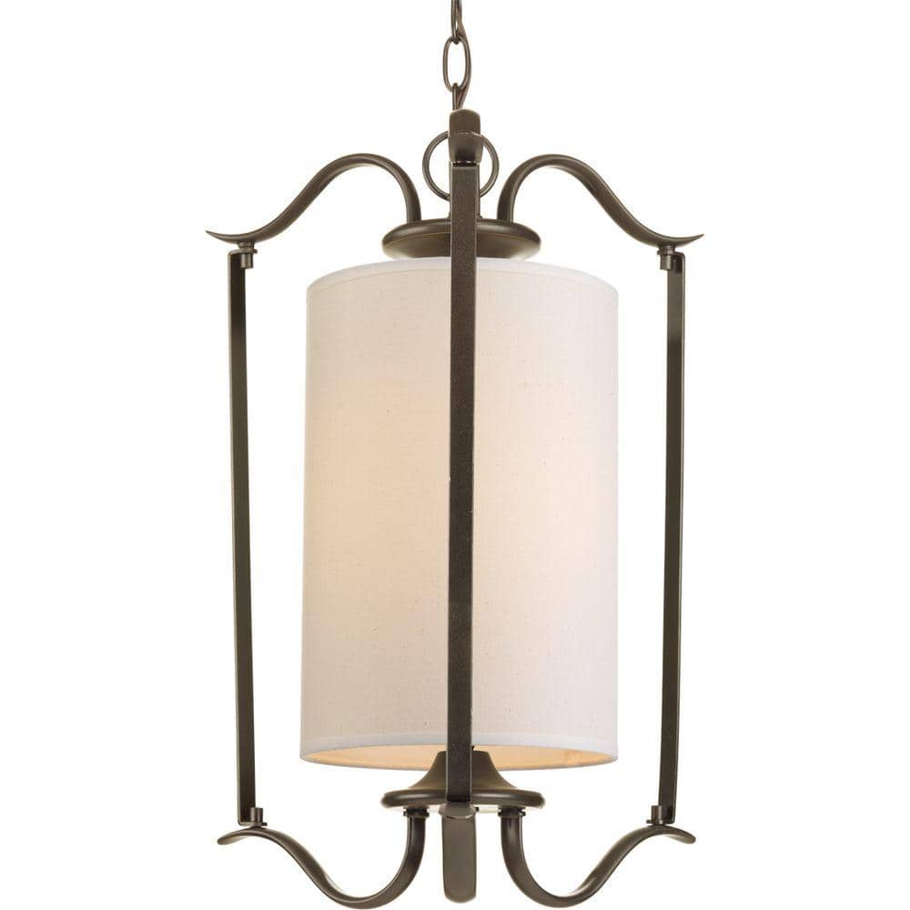 Elegant Antique Bronze Foyer Pendant with Off-White Linen Shade