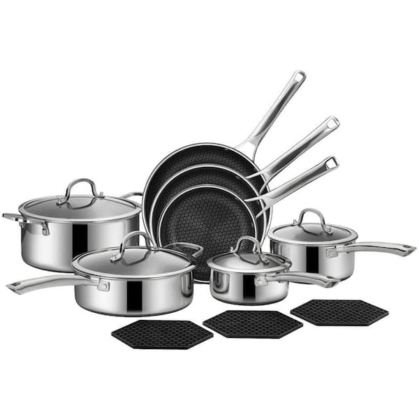 6.1 qt. 14-Pieces Hybrid Stainless Steel Nonstick Cookware Set Induction Compatible Frying Pans, Saucepans, Saute Pan