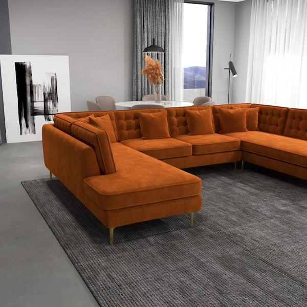Ashcroft Furniture Co Clarissa 130 in. W Square Arm 3 piece U Shaped Velvet Modern Living Room Corner Sectional Sofa in Burnt Orange HMD00690