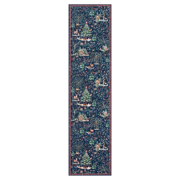 Christmas Woodland Forest Blue Trees Animals Snowflake Non-Slip 2 ft. x 8 ft. Living Room/Bedroom Indoor Runner Rug