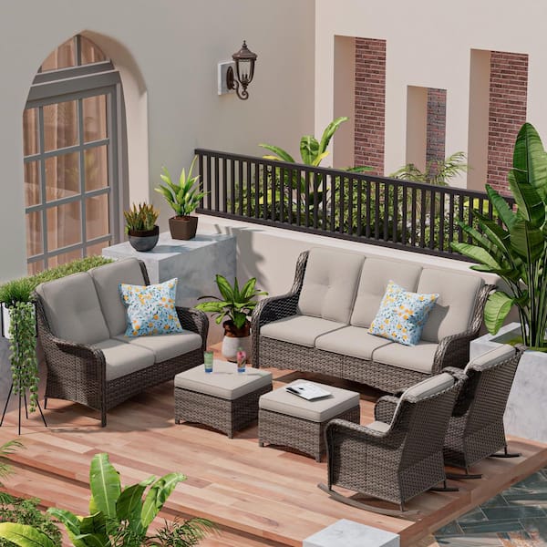 Brown 6-Piece Wicker Outdoor Patio Conversation Set with Beige Cushions and Rocking Chairs