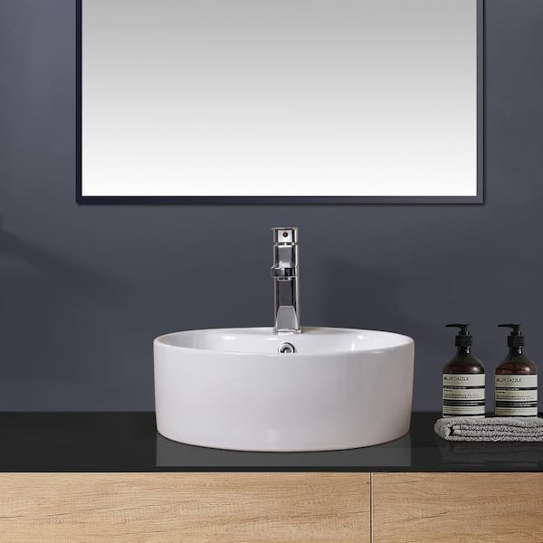Satico 18 in. White Round Ceramic Bathroom Sink Basin Top Mount Vessel Sink