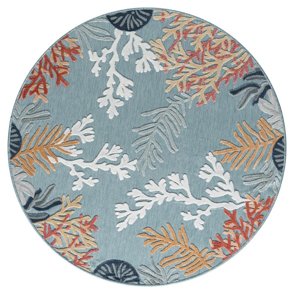 LR Resources Coral Reef 5 ft. 3 in. Round Hi-Low Coastal Blue Indoor Outdoor Area Rug