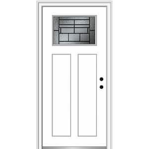 Pembrook 32 in. x 80 in. 2-Panel Left-Hand Inswing 1/4 Lite Decorative Glass Primed Fiberglass Prehung Front Door