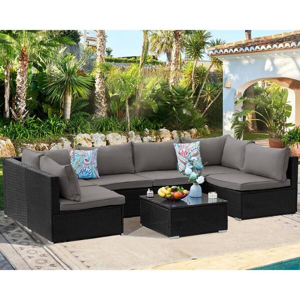 Cesicia Black Frame 7-Piece Wicker Patio Conversation Set with Grey Cushions Pillows and Glass Table