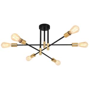 27.56 in. 6-Light Black/Brass Dimmable Sputnik Chandelier Modern Linear Semi Flush Mount Ceiling Light for Living Room