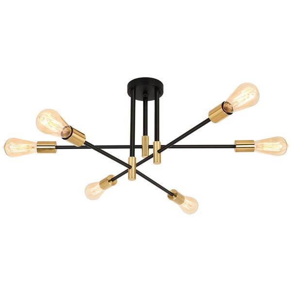 LWYTJO 27.56 in. 6-Light Black/Brass Dimmable Sputnik Chandelier Modern ...