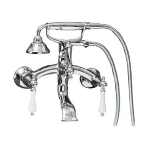 Vintage Style 3-Handle Wall Mount Claw Foot Tub Faucet with Porcelain Levers and Handshower in Chrome