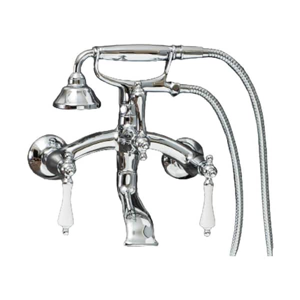 PELHAM & WHITE Vintage Style 3-Handle Wall Mount Claw Foot Tub Faucet with Porcelain Levers and Handshower in Chrome