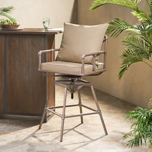 1-Piece Metal Outdoor Bar Stool Swivel Chair with Water-Resistant Brown Cushion, Adjustable High for Yard Garden Patio