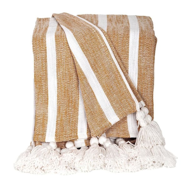 White/ Gold Striped Cotton Throw Blanket
