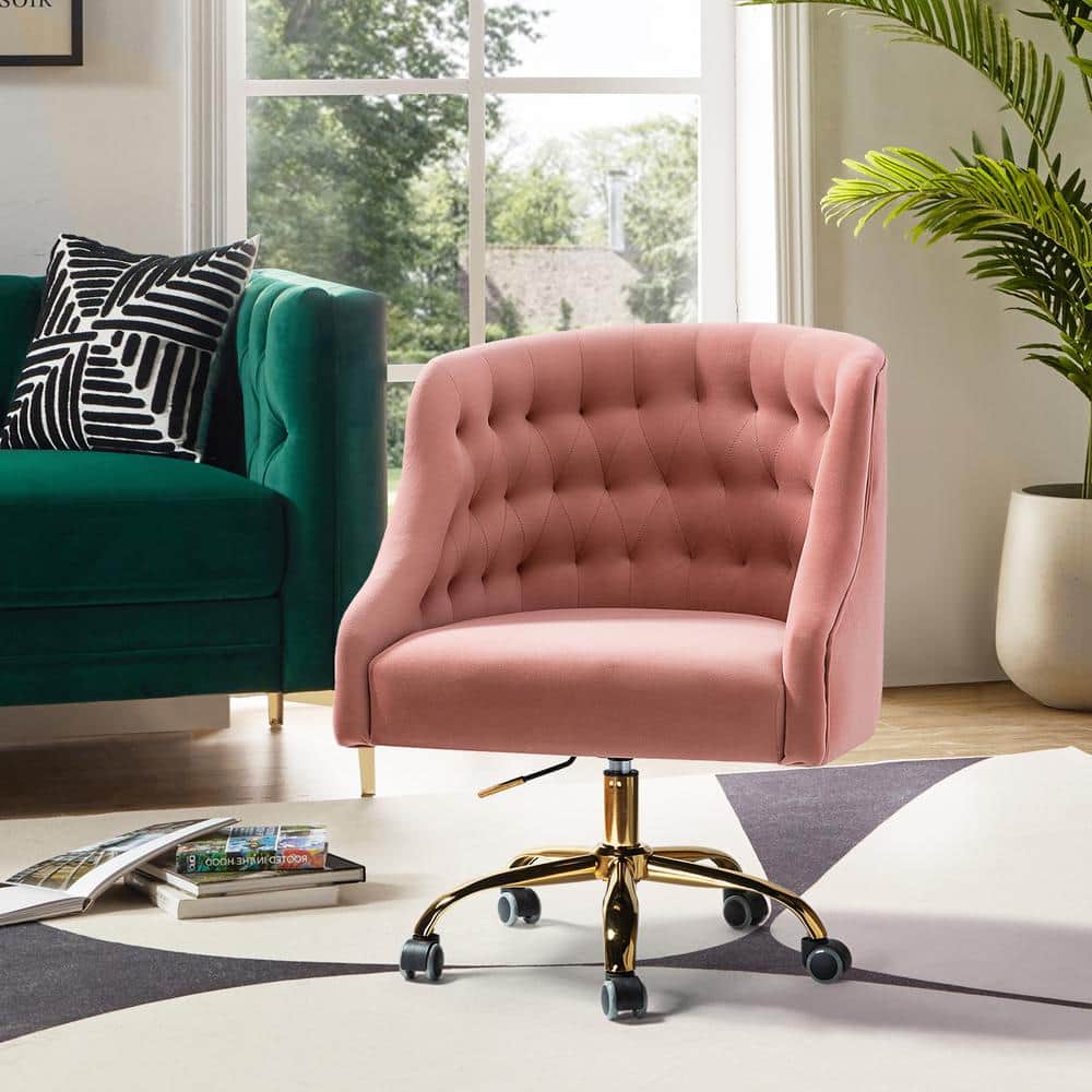 Ergonomic Pink Velvet Swivel Office Chair with Gold Metal Legs