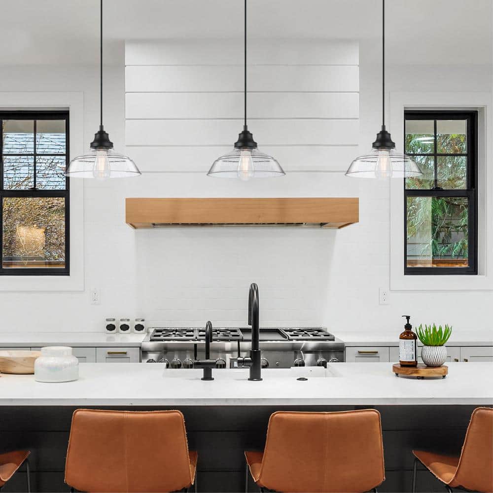 Matte Black Vintage Pendant with Clear Seeded Glass Shade