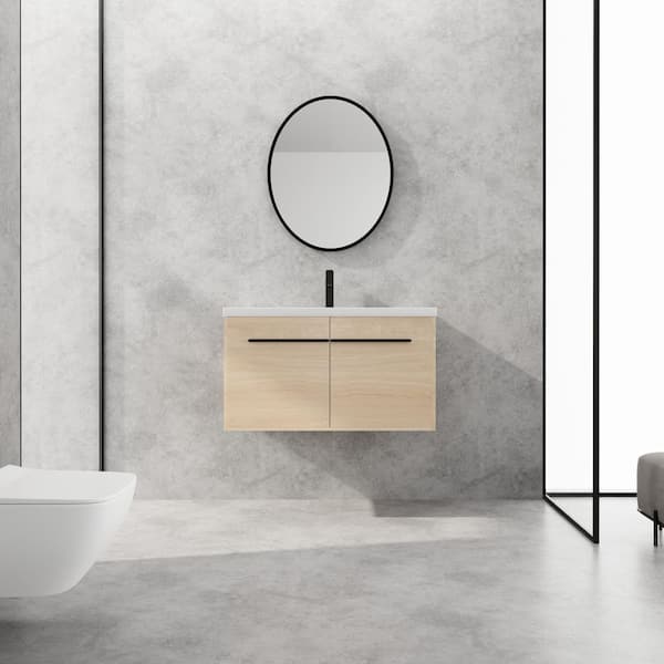 Elegant 35.43 in. W x 18.11 in. D x 20.47 in. H Single Sink Original oak Floating Bath Vanity with White Resin Top