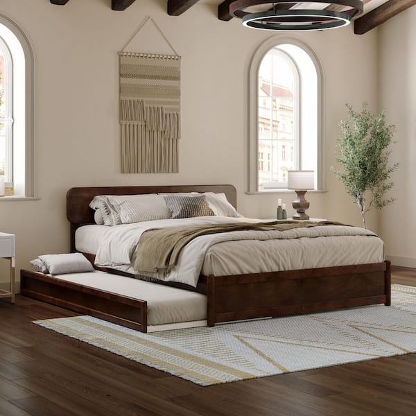 AFI Capri Walnut Brown Solid Wood Frame Queen Platform Bed with Panel Footboard and Twin XL Trundle