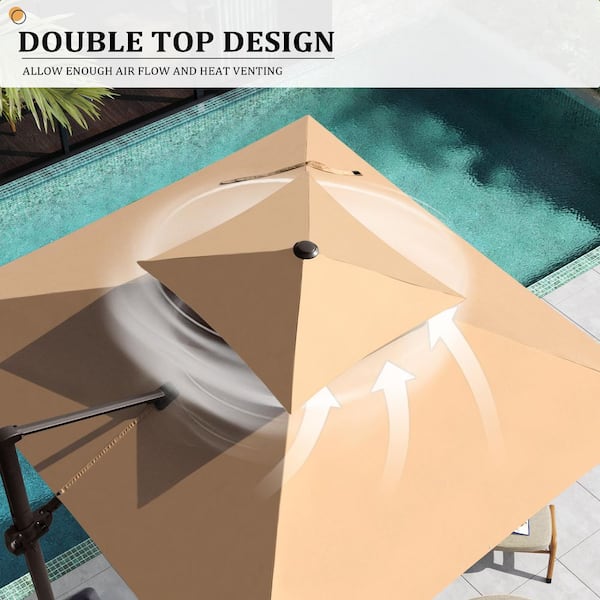 10 ft. Square WindProof Outdoor 2-Tier Top 360° Rotation Tiltable Cantilever Patio Umbrella with Base in Tan