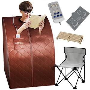 1-Person Indoor PP Plastic 1050 Watt Portable Infrared Home Sauna with Digital Controller and Foldable Chair, Brown