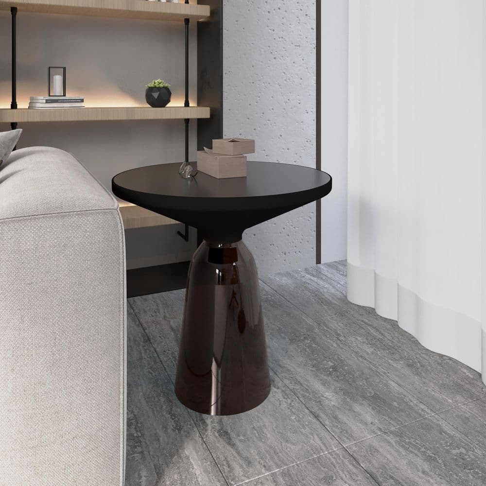 19.68-Inch Round End Table Glass Tabletop Black Iron Rim Frame Side Table With Glass Pedestal Base in Grey/Black