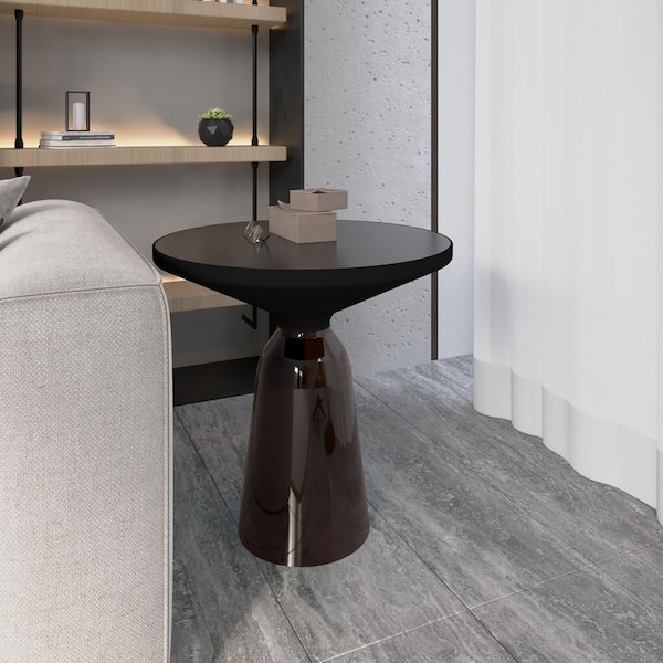 Leisuremod 19.68-Inch Round End Table Glass Tabletop Black Iron Rim Frame Side Table With Glass Pedestal Base in Grey/Black