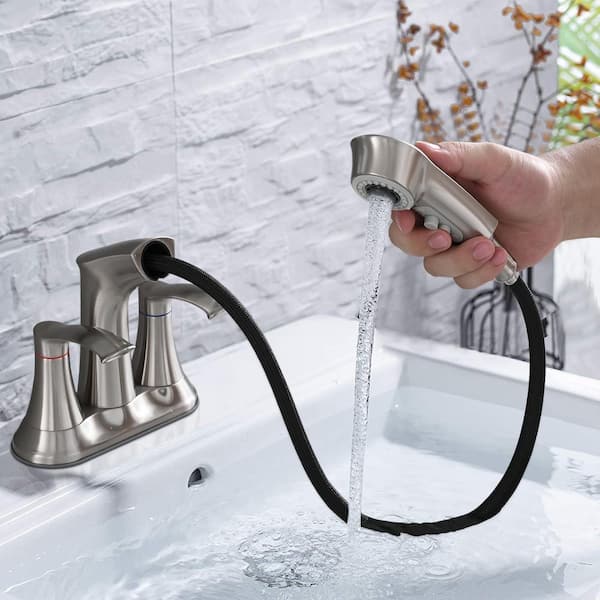 4 in. Centerset 2-Handle Bathroom Faucet with Pull Out Sprayer in Brushed Nickel