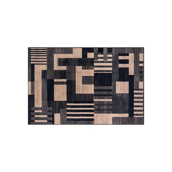 Color Block Black Machine Washable Non-Slip Backing Area Rug 2' x 4' Black