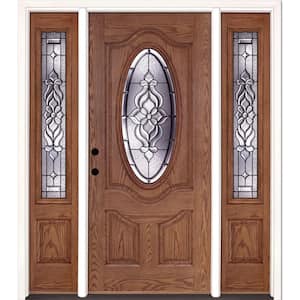 67.5 in.x81.625 in. Lakewood Patina 3/4 Oval Lt Stained Medium Oak Right-Hand Fiberglass Prehung Front Door w/Sidelites