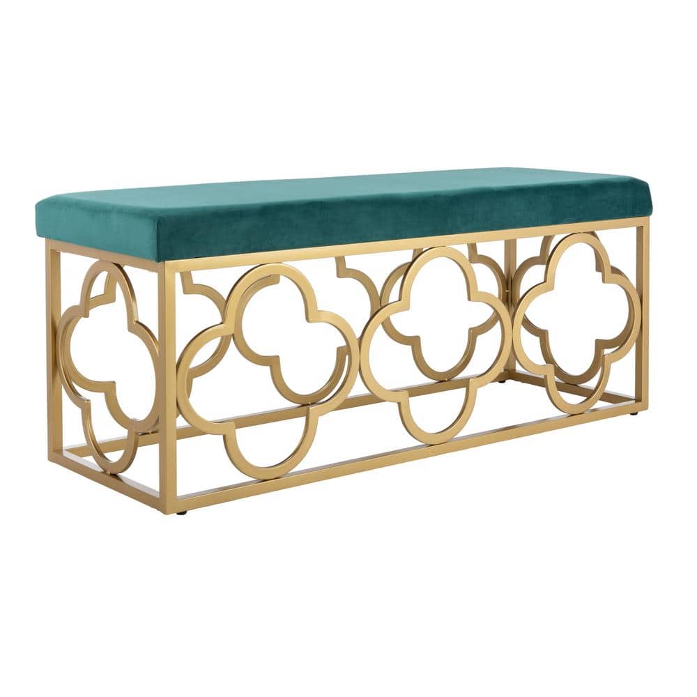 Emerald Velvet and Gold Quatrefoil 45" Bench