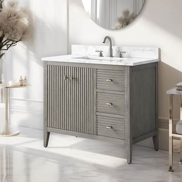 36 in. W x 22 in D x 38 in. H Single Sink Bath Vanity Cabinet in Linear Driftwood Gray with White Engineered Marble Top